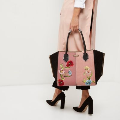 Pink floral embroidered winged tote bag